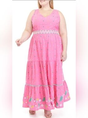 Crown & Ivy Embroidered Tiered Maxi Dress Size 20W Pink Cottagecore Cotton